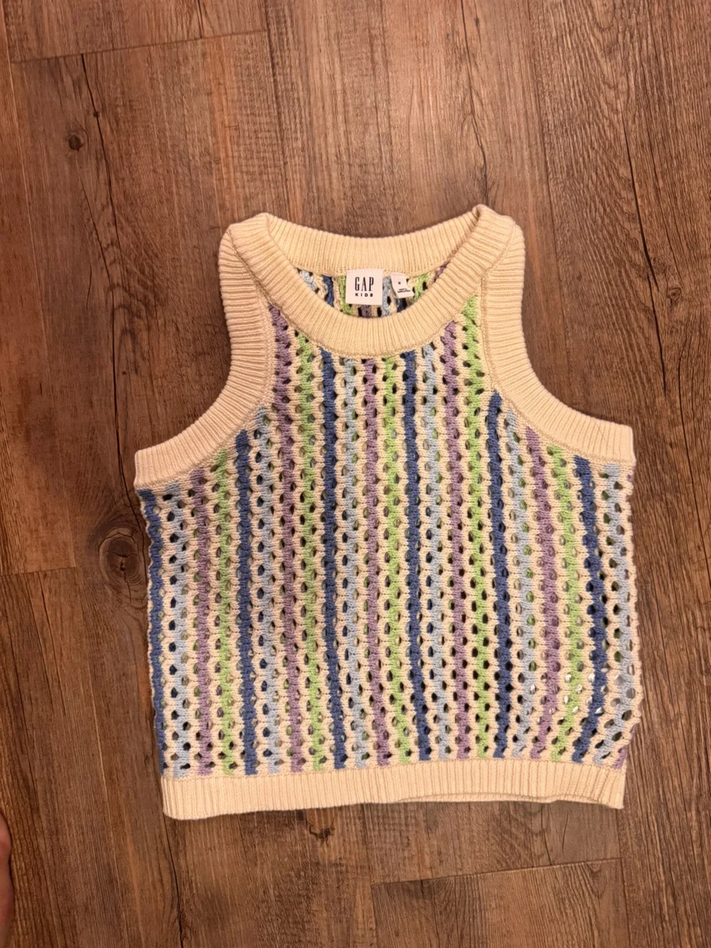 GAP Cream Crochet Tank with Pastel Blue, Green & Lavender Stripes